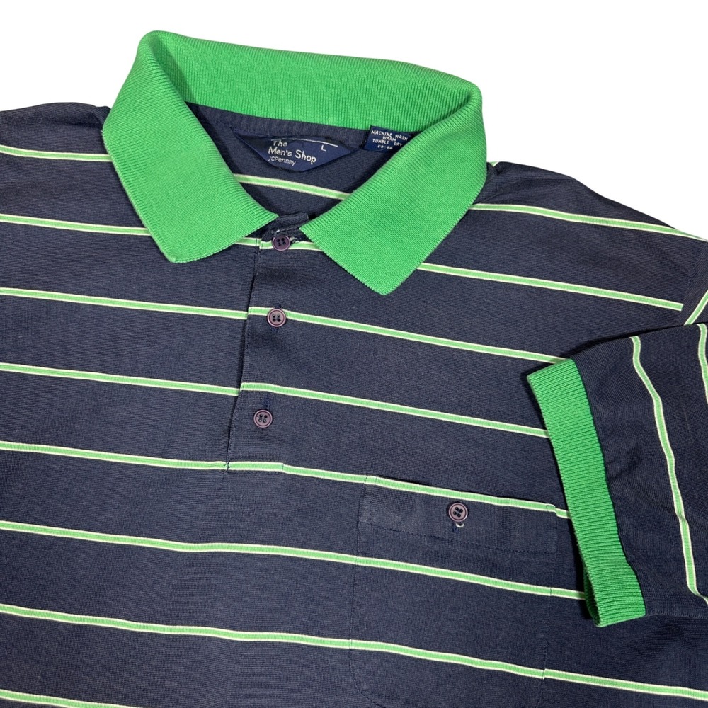 Vintage 70s JCPenney The Men's Shop Striped Polo Shirt Navy Blue Green Large